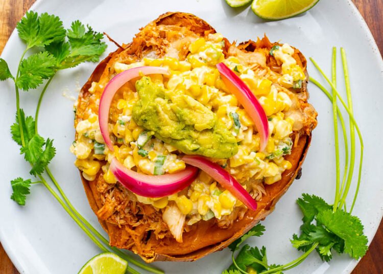 BBQ Rooster and Mexican Avenue Corn Salad Stuffed Candy Potatoes
