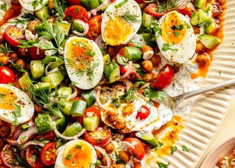 Spiced Chickpeas and Eggs with Garlic Herb Yogurt & Recent Salad