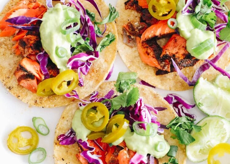 Grilled Salmon Tacos with Avocado Crema