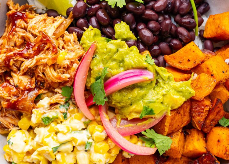 BBQ Hen, Road Corn and Chipotle Roast Candy Potatoes Bowls