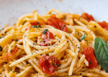 Simple Margherita Spaghetti with Contemporary Tomatoes & Basil