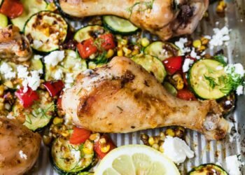 Sheet Pan Hen Drumsticks with Zucchini and Corn