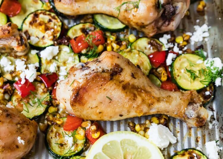 Sheet Pan Hen Drumsticks with Zucchini and Corn