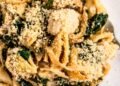 Caramelized Onion Spinach Hen Pasta Bake