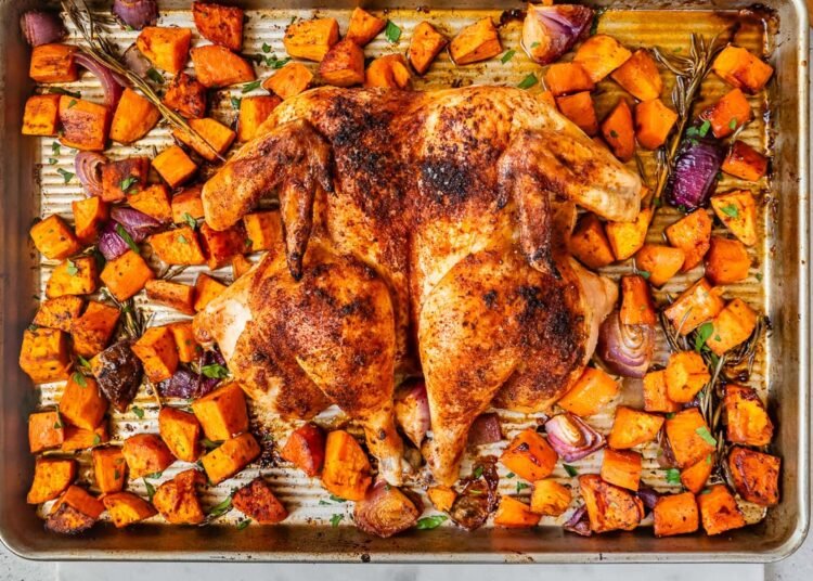 Spatchcock Rooster with Candy Potatoes (Sheet Pan Dinner)