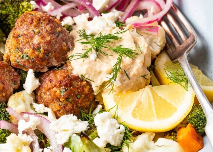 Sheet Pan Mediterranean Meatball Bowls with Roasted Greens
