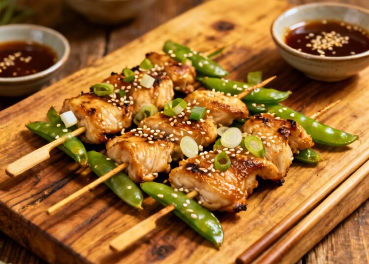 Hen and Snow Pea Skewers