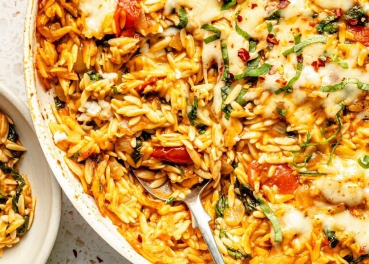 One Pan Tomato Basil Baked Orzo (filled with fiber & protein)