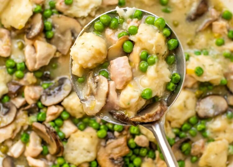 Rooster and Dumplings with Leeks, Mushrooms and Peas