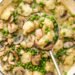 Rooster and Dumplings with Leeks, Mushrooms and Peas