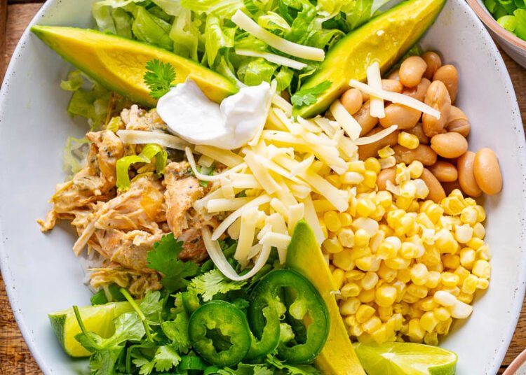 Gradual Cooker White Chili Rooster Burrito Bowls