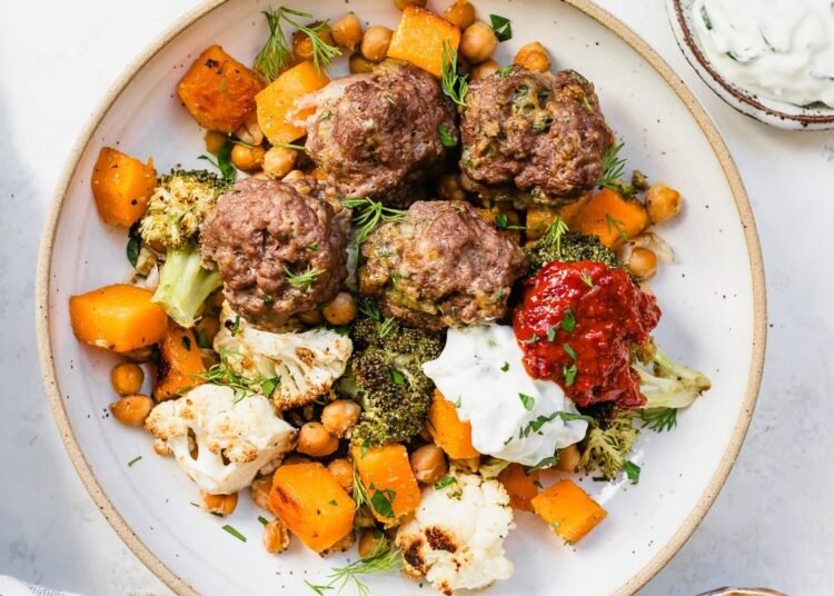 Sheet Pan Meatballs with Chickpeas and Greens
